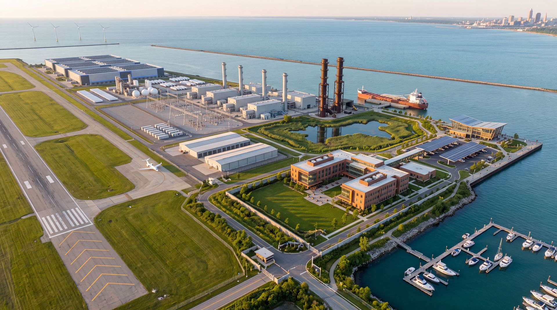 Concept rendering: golden-hour aerial of the Burke lakefront energy campus from the southeast, with the marina, the public campus and the downtown Cleveland skyline